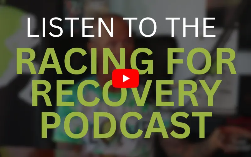 BACKGROUND (10) thumbnail art that says listen to the racing for recovery podcast with a red play button in the middle for the addiction treatment center in toldeo
